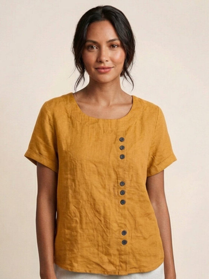 Buttonside | Asymmetric Button Detail Short Sleeve Linen Blouse
