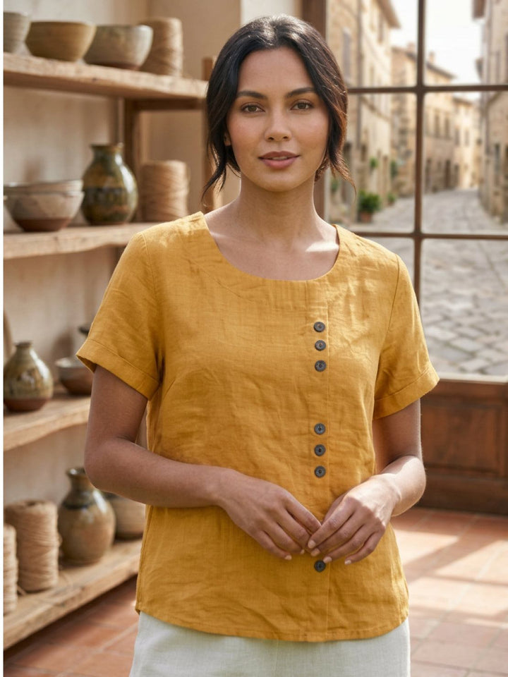 Buttonside | Asymmetric Button Detail Short Sleeve Linen Blouse