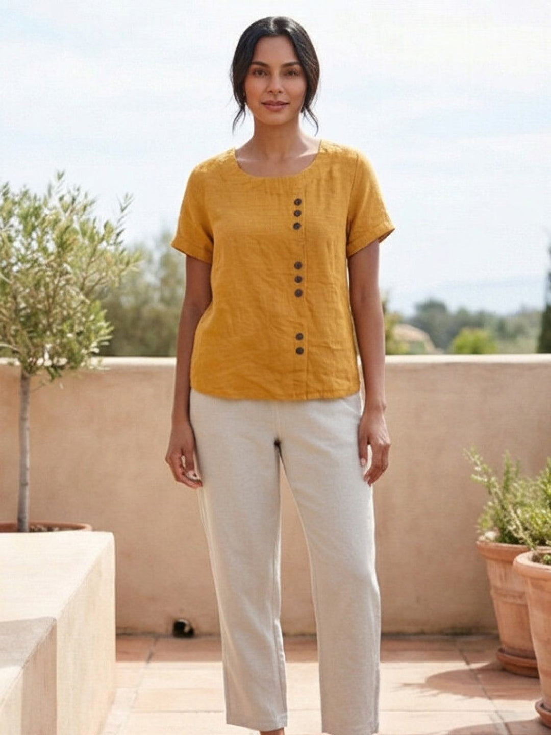 Buttonside | Asymmetric Button Detail Short Sleeve Linen Blouse