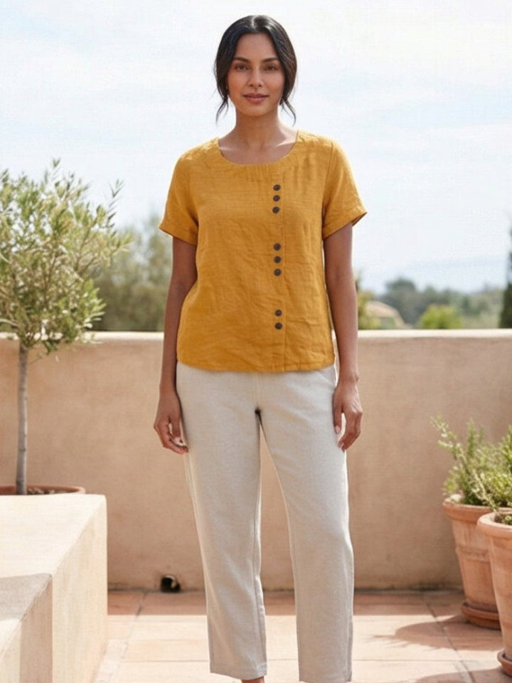 Buttonside | Asymmetric Button Detail Short Sleeve Linen Blouse
