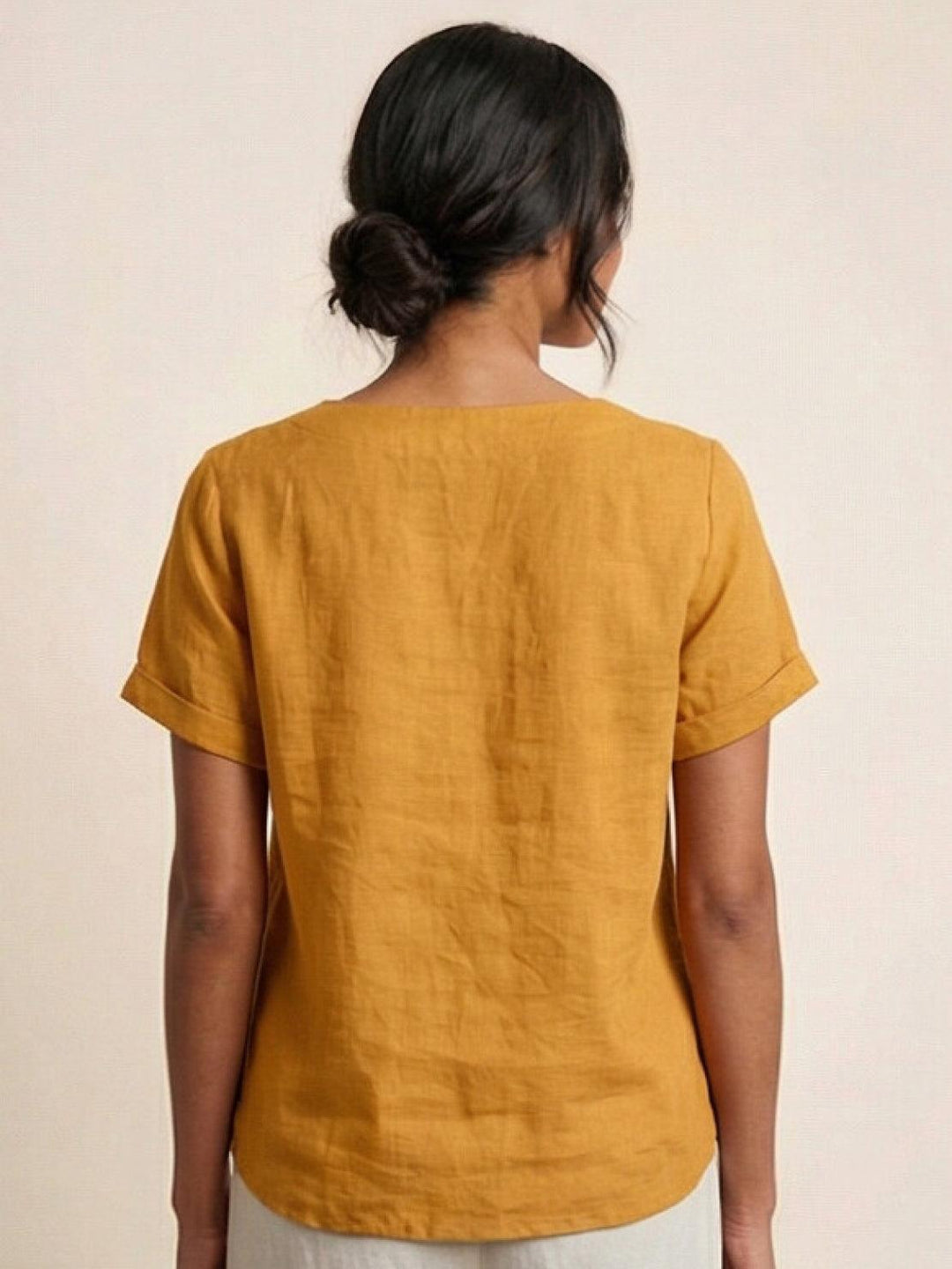 Buttonside | Asymmetric Button Detail Short Sleeve Linen Blouse