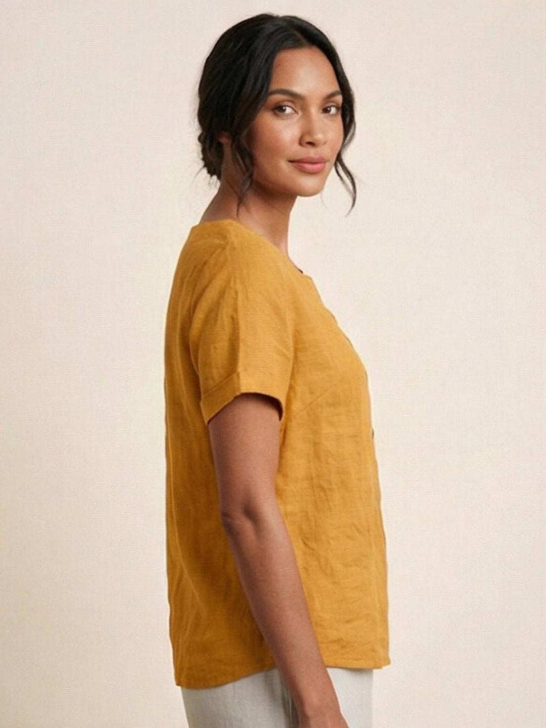 Buttonside | Asymmetric Button Detail Short Sleeve Linen Blouse