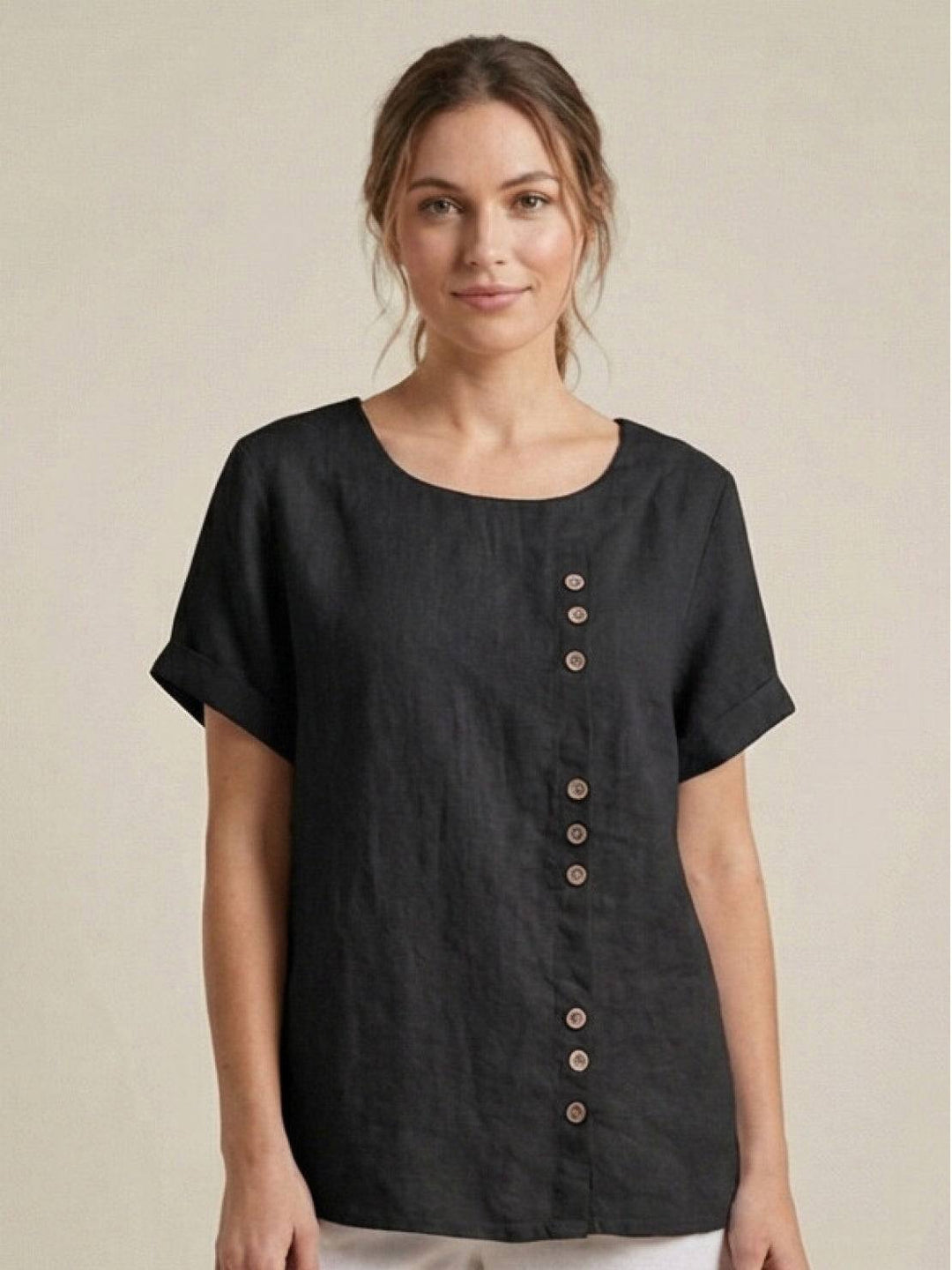 Buttonside | Asymmetric Button Detail Short Sleeve Linen Blouse