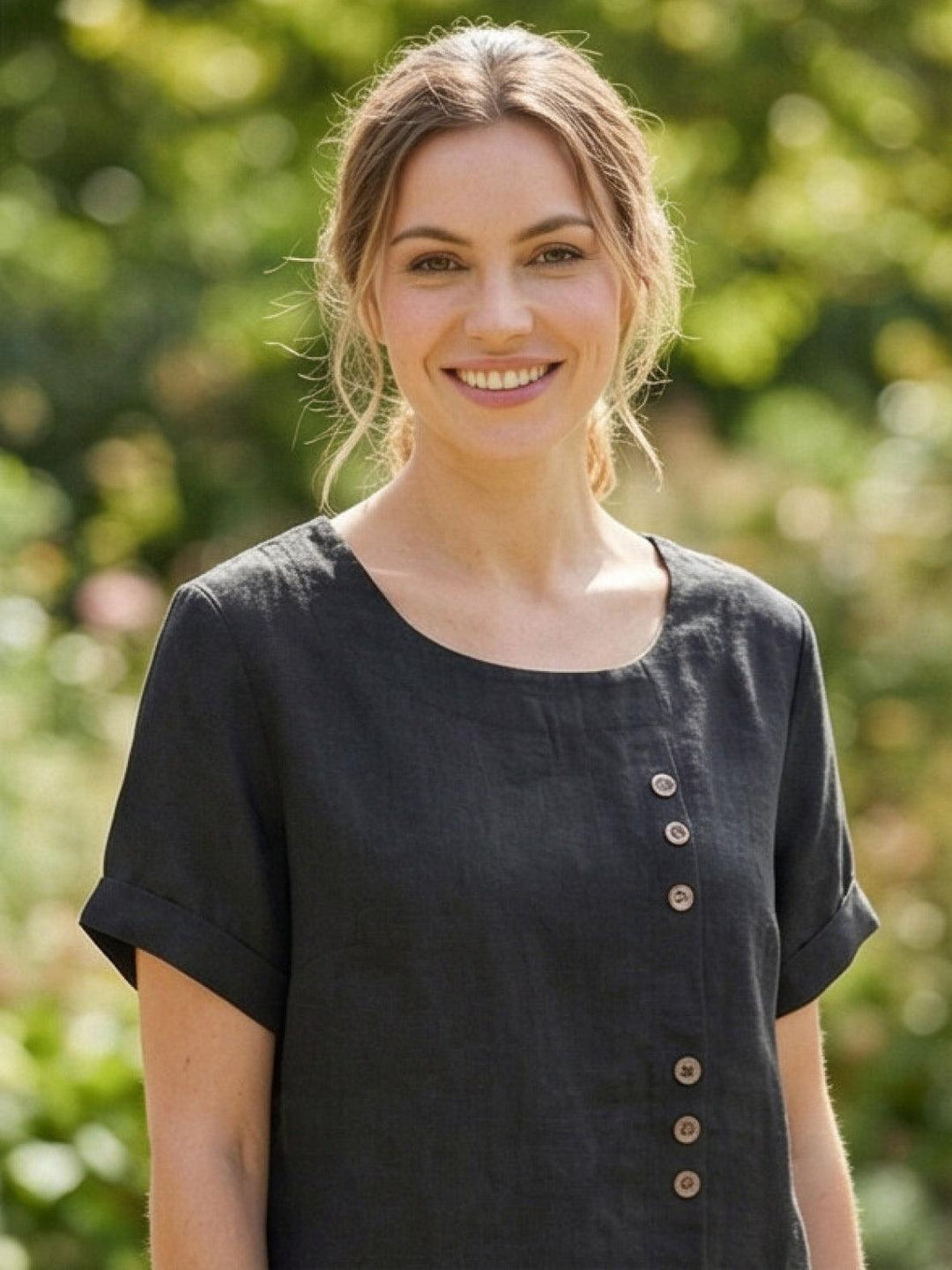 Buttonside | Asymmetric Button Detail Short Sleeve Linen Blouse