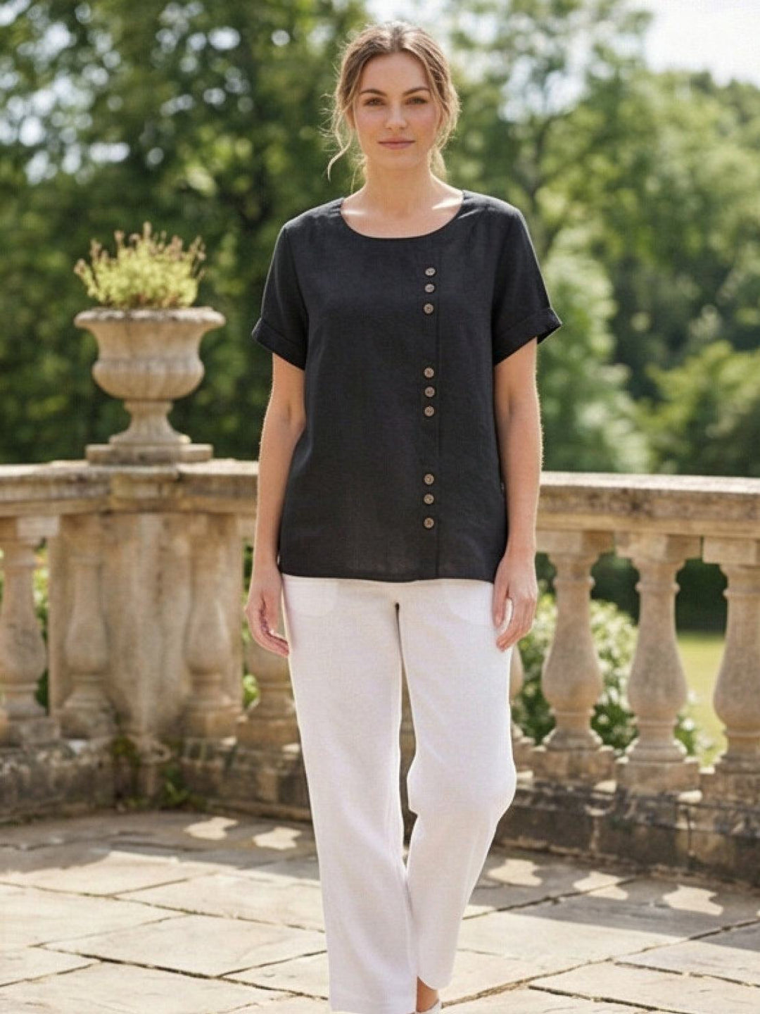 Buttonside | Asymmetric Button Detail Short Sleeve Linen Blouse