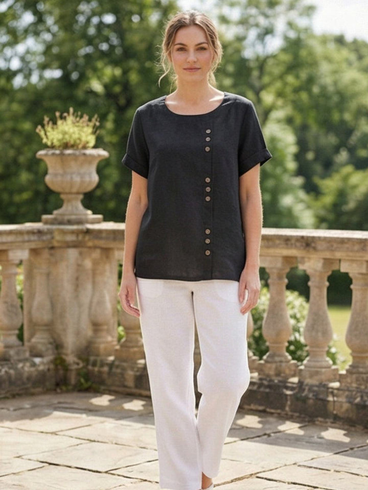 Buttonside | Asymmetric Button Detail Short Sleeve Linen Blouse