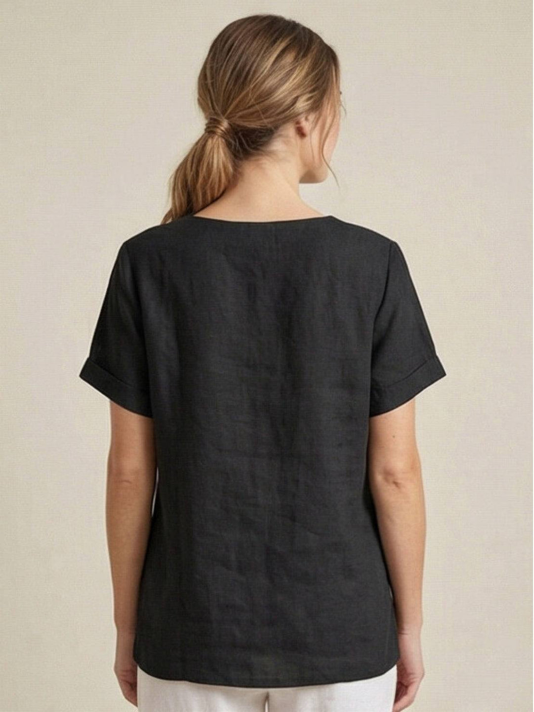Buttonside | Asymmetric Button Detail Short Sleeve Linen Blouse