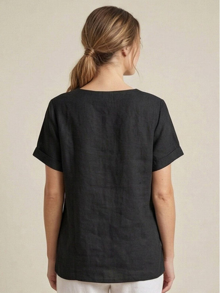 Buttonside | Asymmetric Button Detail Short Sleeve Linen Blouse