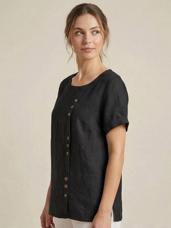 Buttonside | Asymmetric Button Detail Short Sleeve Linen Blouse