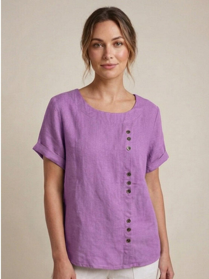 Buttonside | Asymmetric Button Detail Short Sleeve Linen Blouse