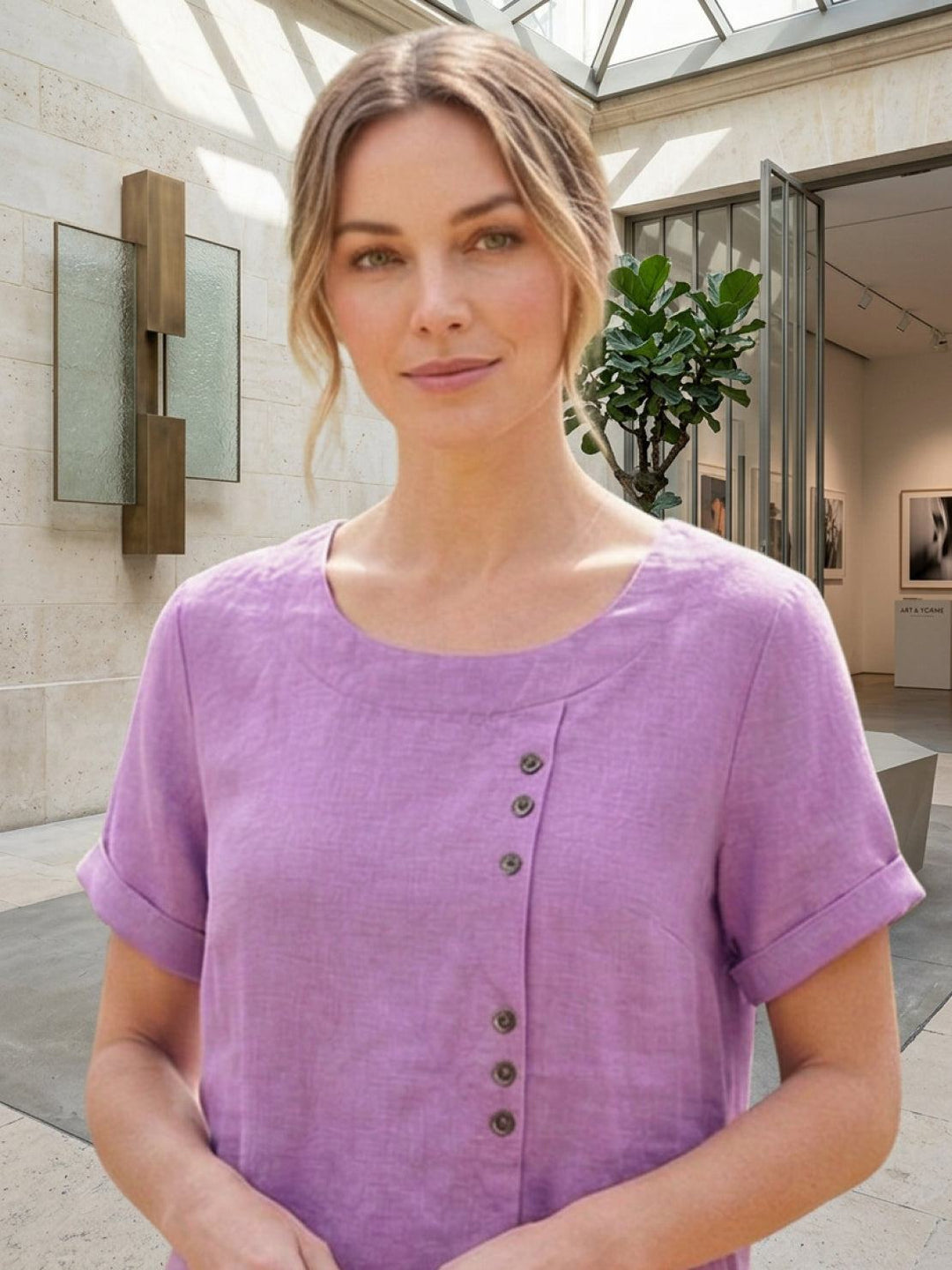 Buttonside | Asymmetric Button Detail Short Sleeve Linen Blouse
