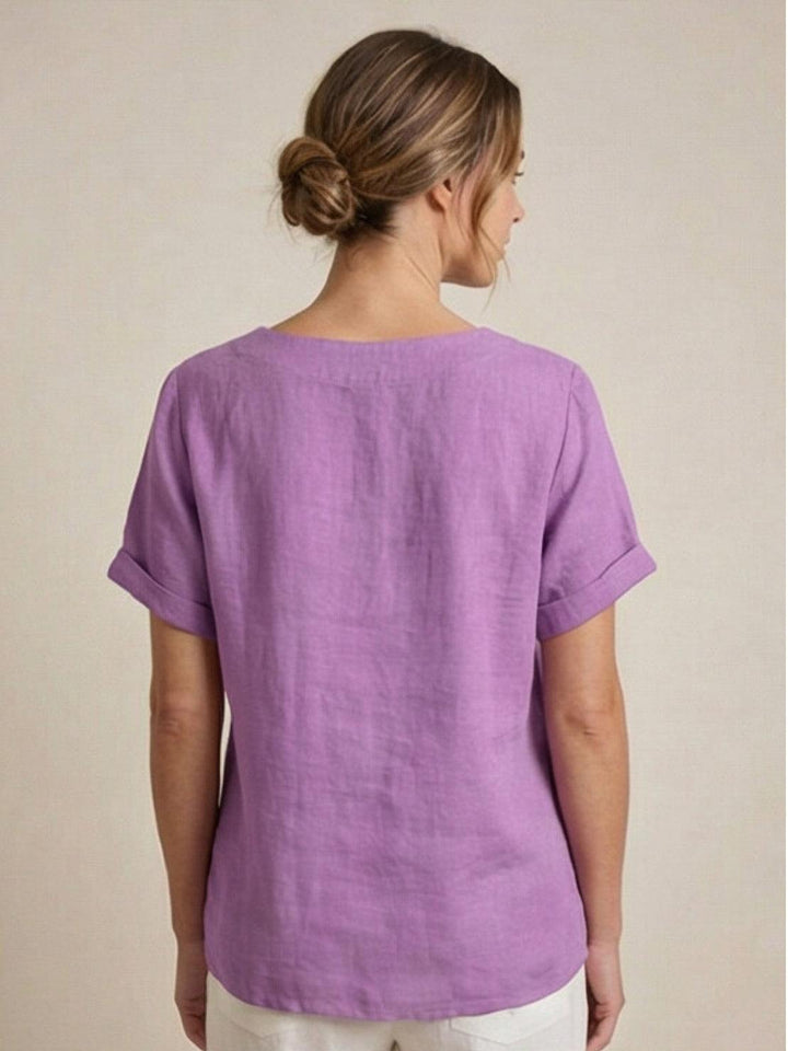 Buttonside | Asymmetric Button Detail Short Sleeve Linen Blouse