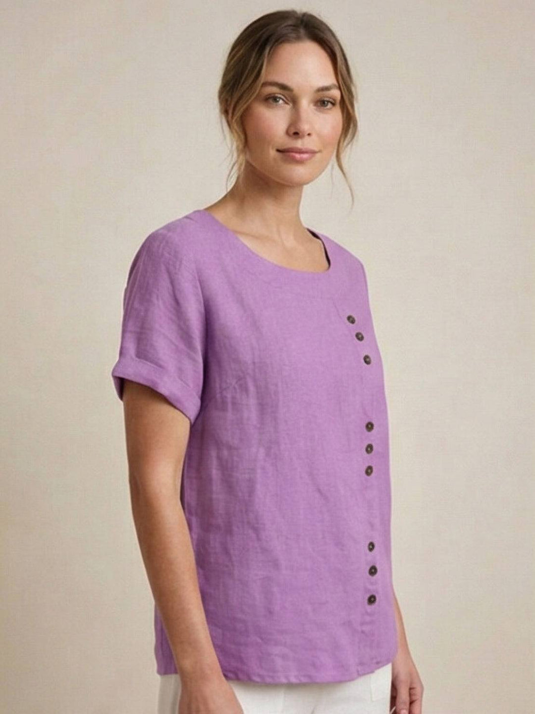 Buttonside | Asymmetric Button Detail Short Sleeve Linen Blouse