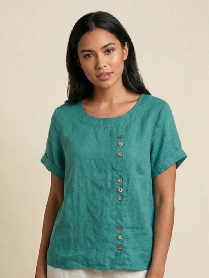 Buttonside | Asymmetric Button Detail Short Sleeve Linen Blouse