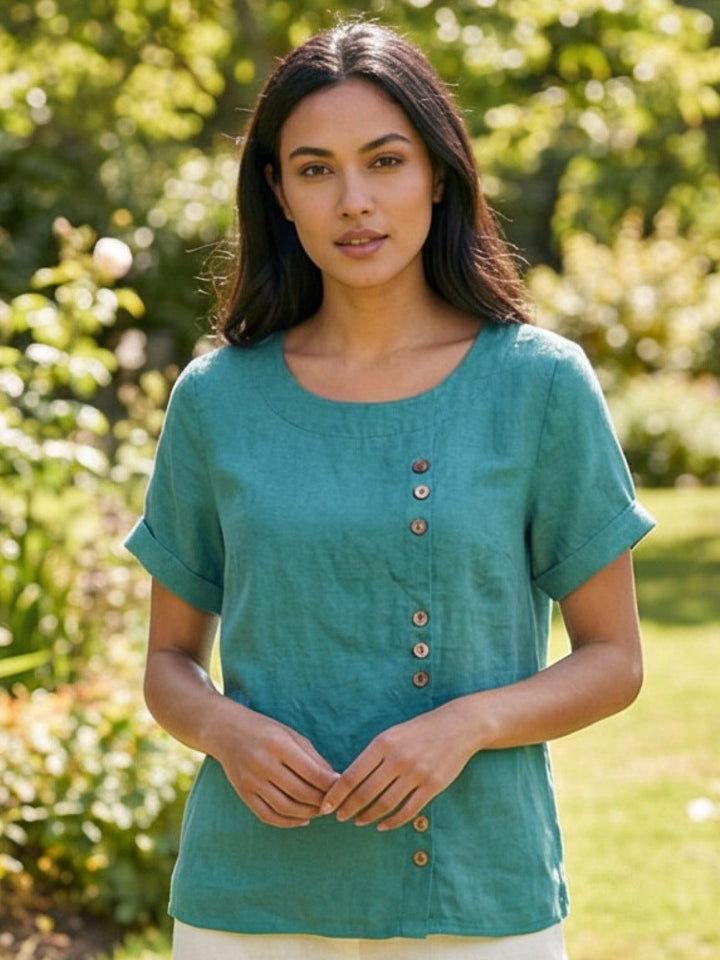 Buttonside | Asymmetric Button Detail Short Sleeve Linen Blouse