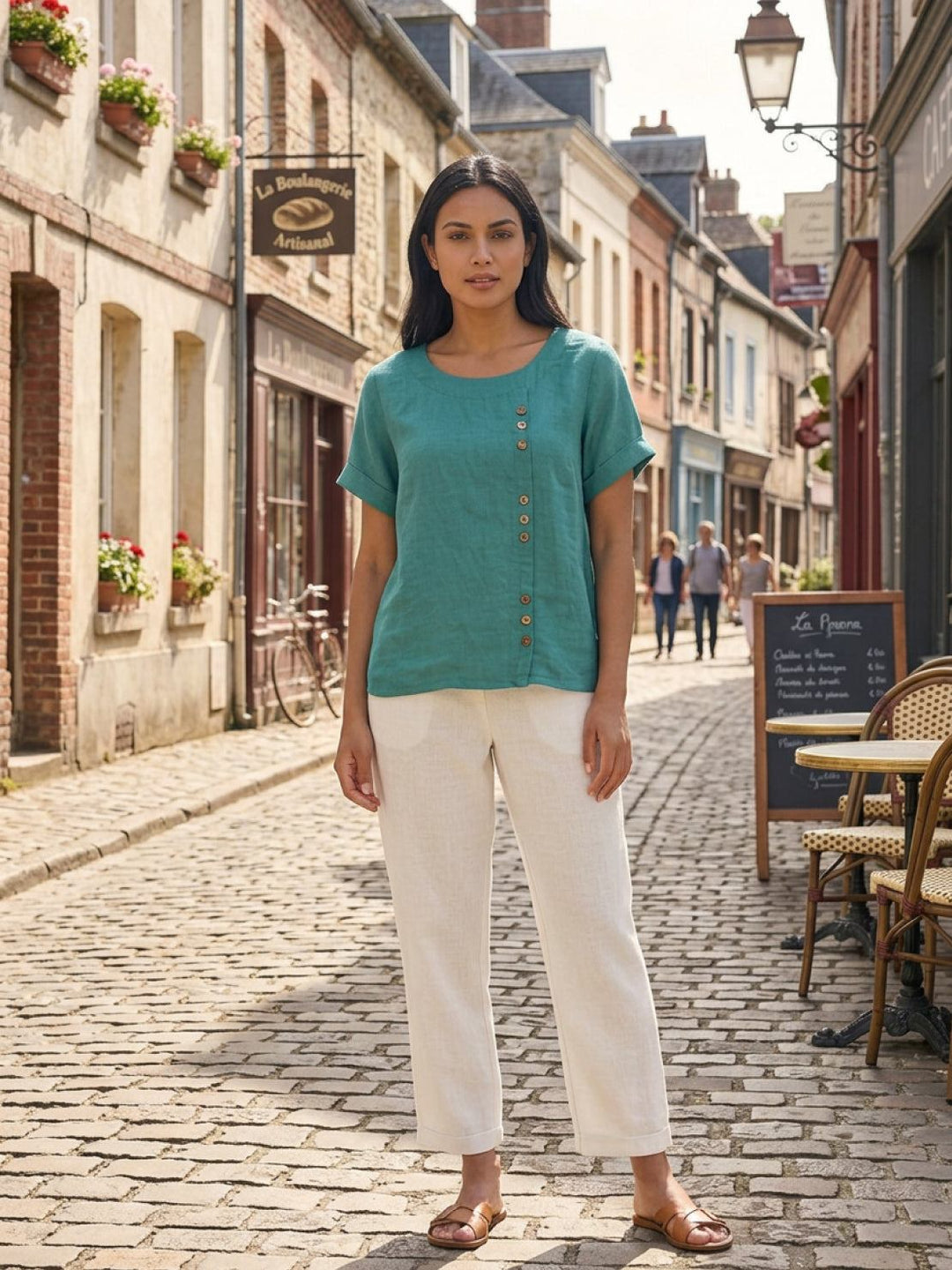 Buttonside | Asymmetric Button Detail Short Sleeve Linen Blouse