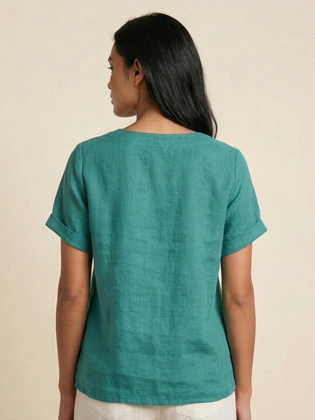 Buttonside | Asymmetric Button Detail Short Sleeve Linen Blouse