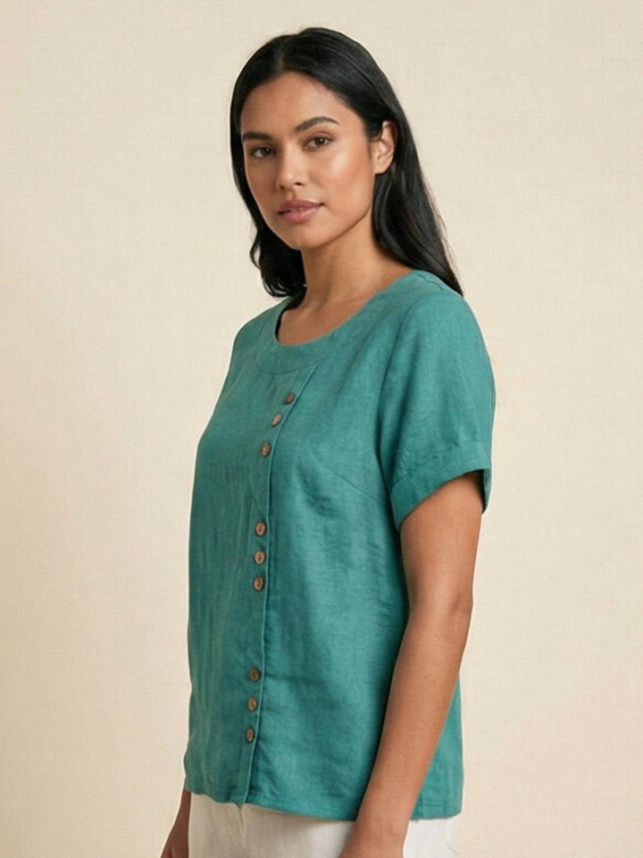 Buttonside | Asymmetric Button Detail Short Sleeve Linen Blouse