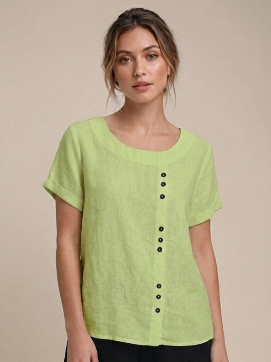 Buttonside | Asymmetric Button Detail Short Sleeve Linen Blouse