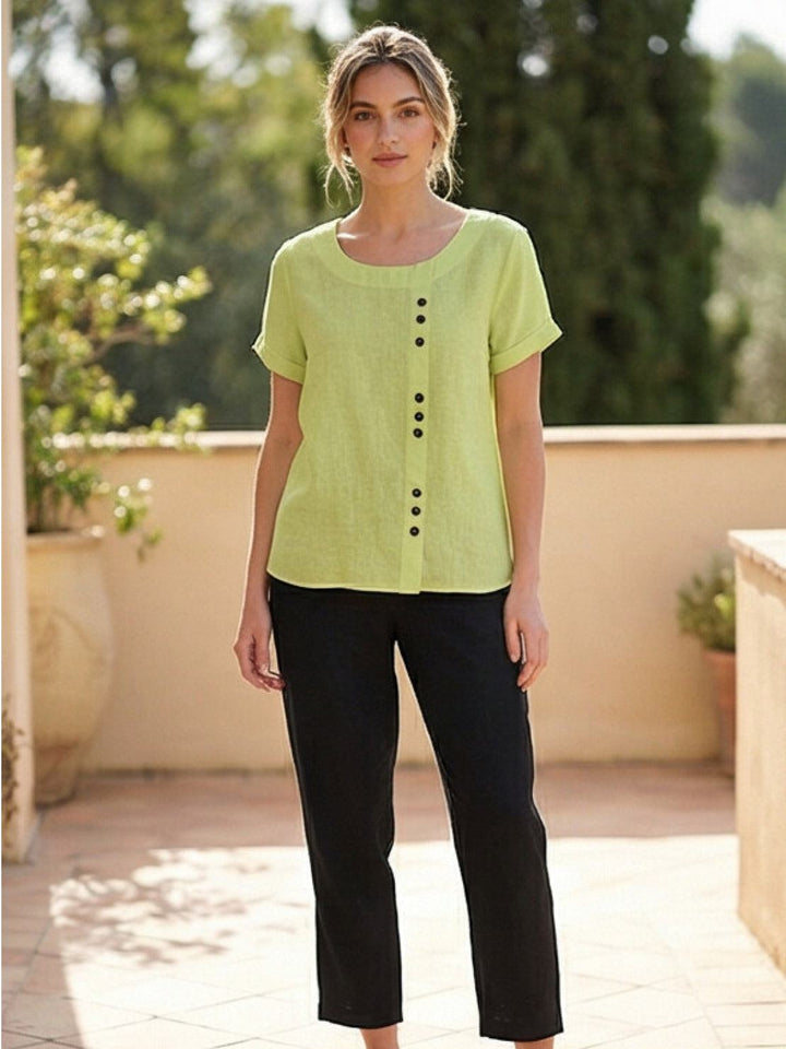 Buttonside | Asymmetric Button Detail Short Sleeve Linen Blouse