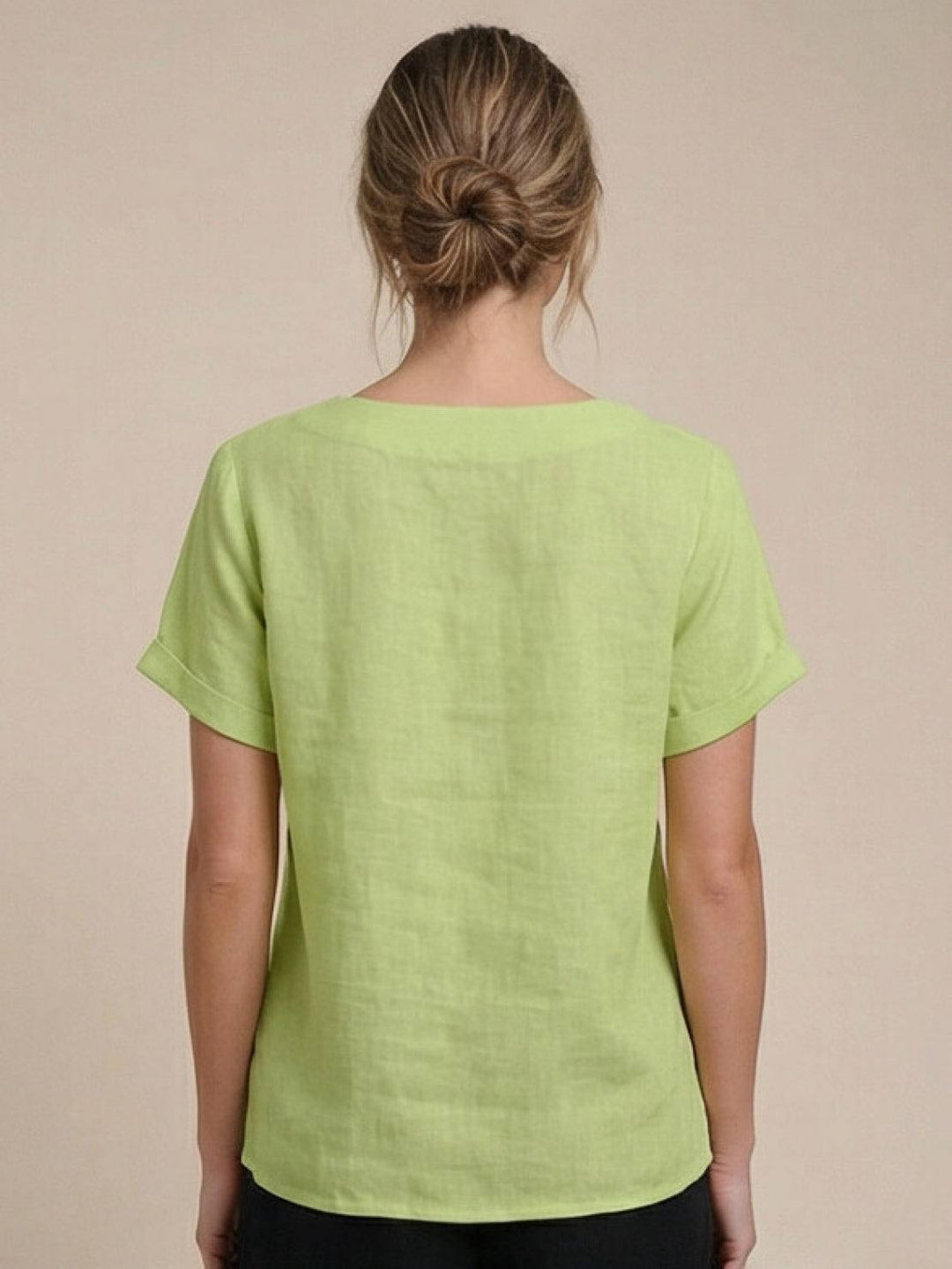 Buttonside | Asymmetric Button Detail Short Sleeve Linen Blouse