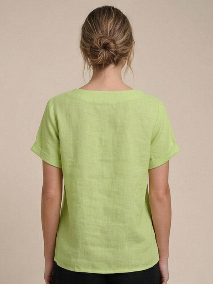 Buttonside | Asymmetric Button Detail Short Sleeve Linen Blouse