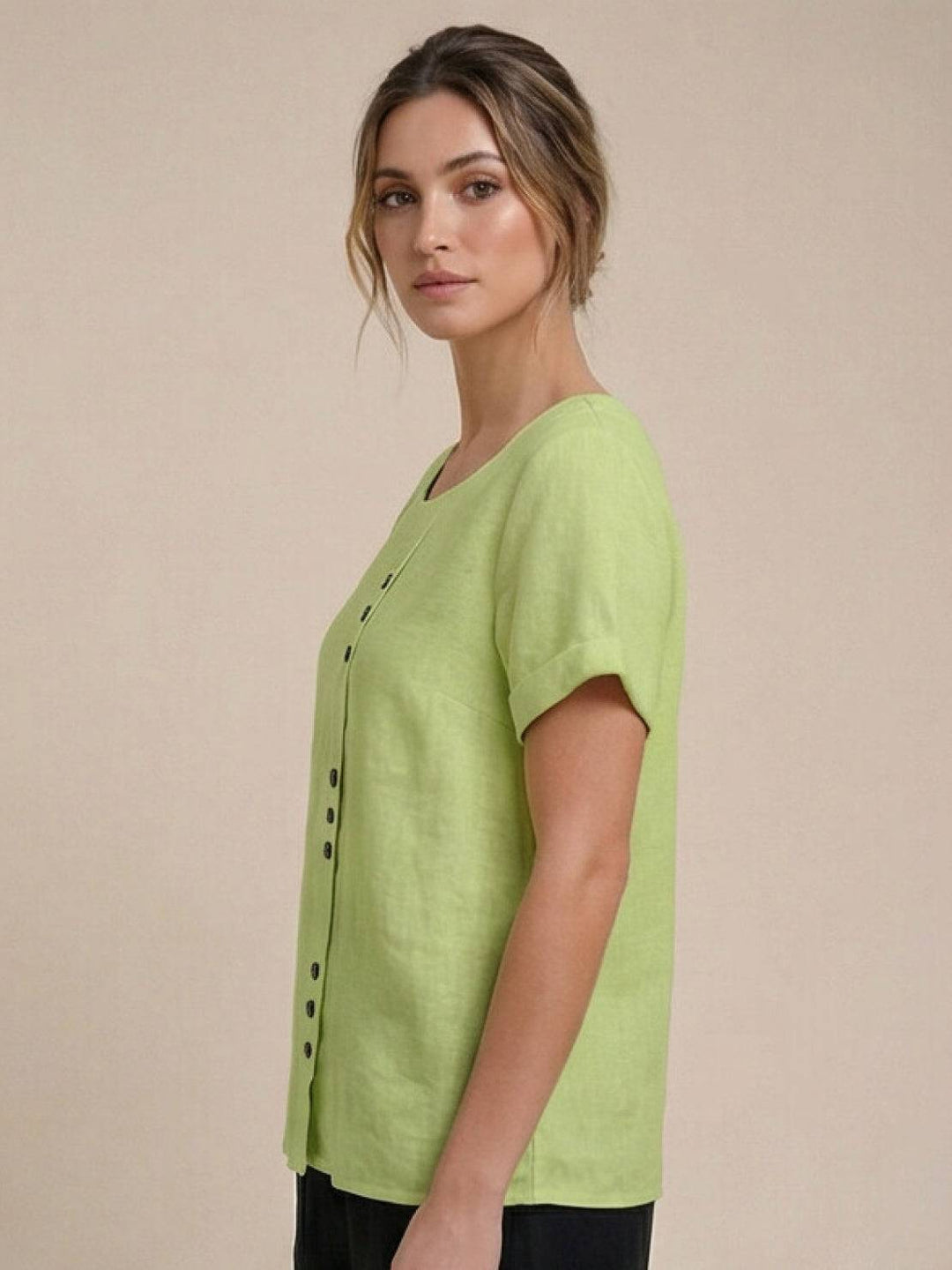 Buttonside | Asymmetric Button Detail Short Sleeve Linen Blouse