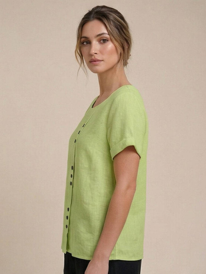 Buttonside | Asymmetric Button Detail Short Sleeve Linen Blouse