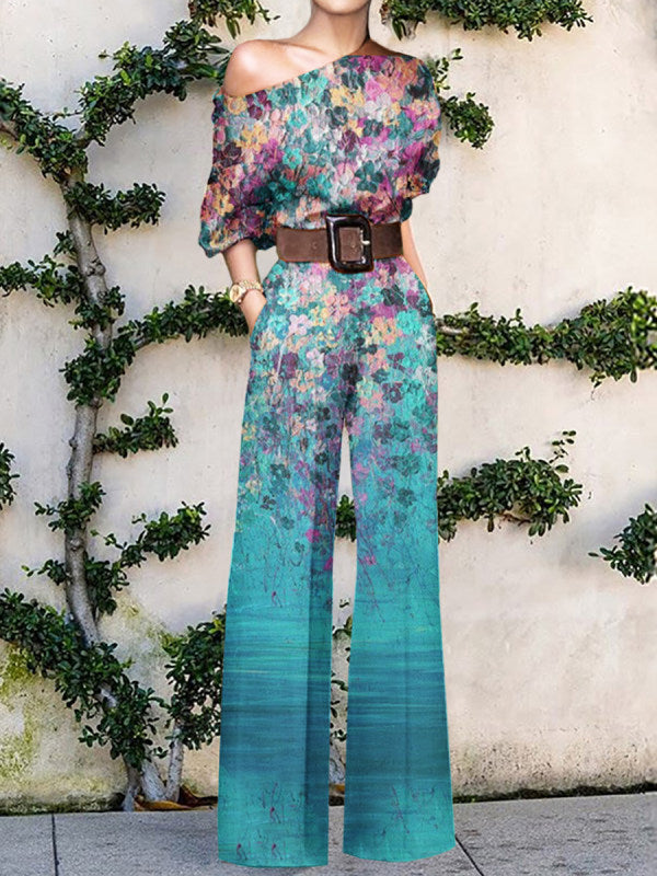 Sophia | Abstract Print One-Shoulder Jumpsuit with Wide Leg Trousers