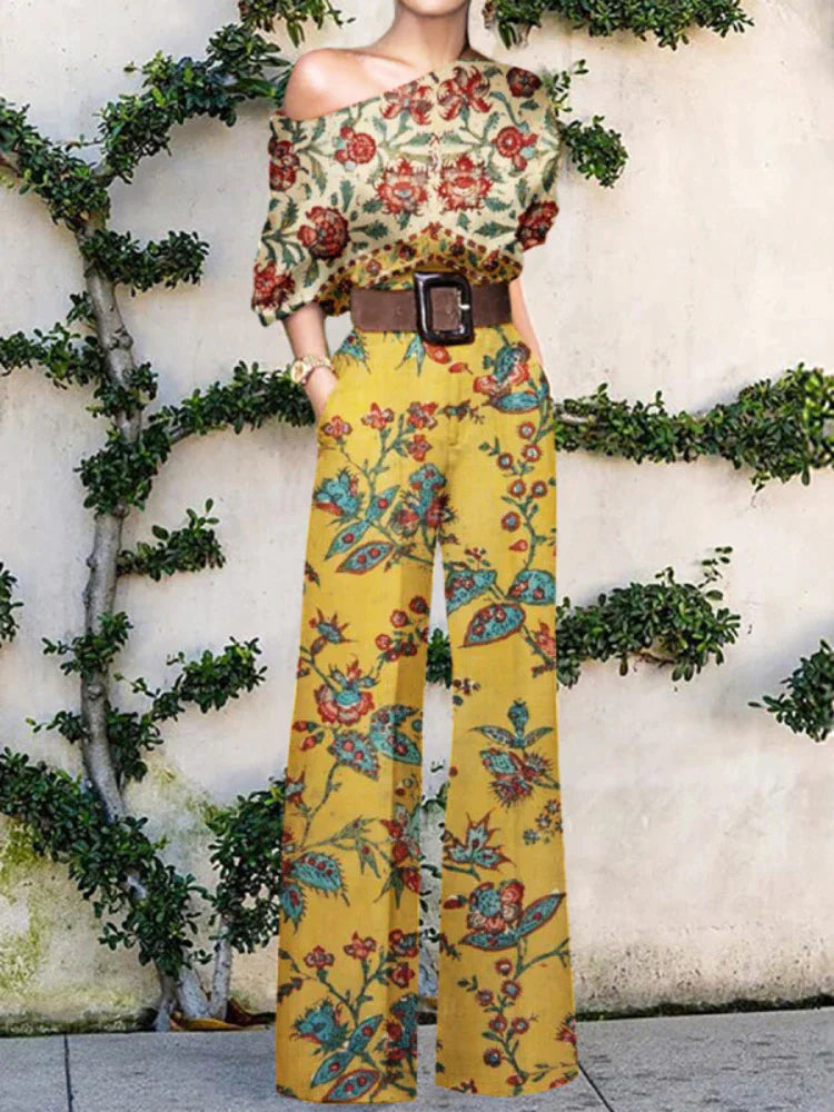 Sophia | Abstract Print One-Shoulder Jumpsuit with Wide Leg Trousers
