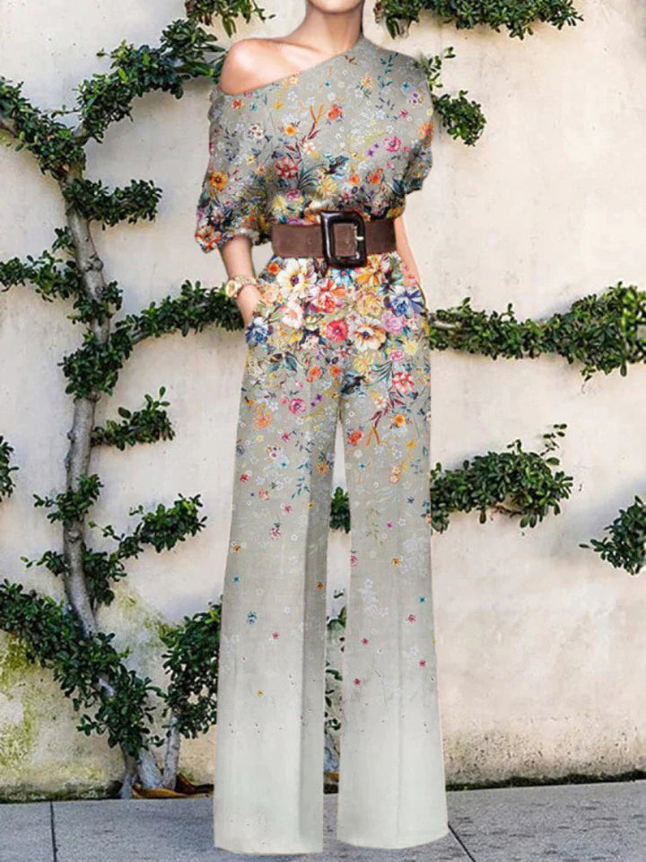 Sophia | Abstract Print One-Shoulder Jumpsuit with Wide Leg Trousers