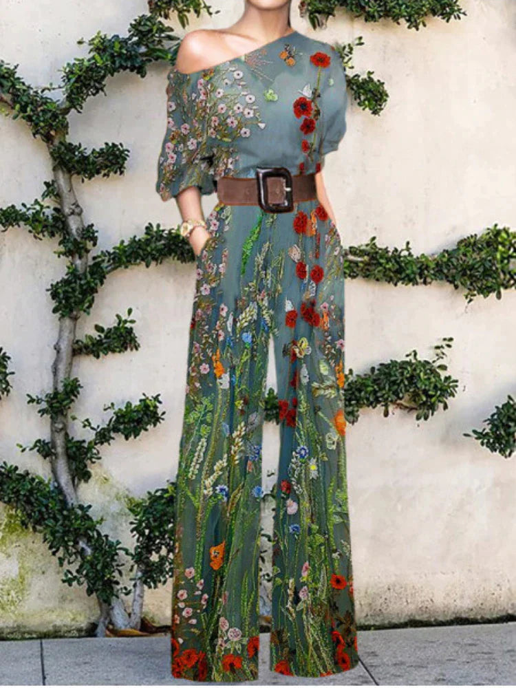 Sophia | Abstract Print One-Shoulder Jumpsuit with Wide Leg Trousers