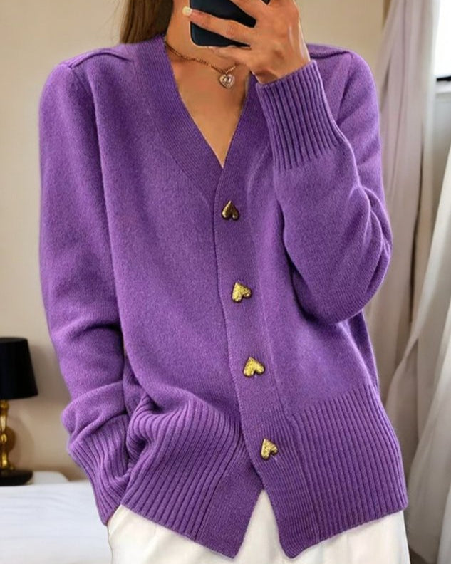 Amelie | Gold Heart Button V-Neck Knit Cardigans for Women