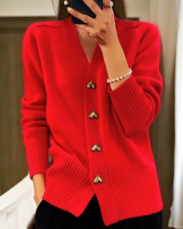 Amelie | Gold Heart Button V-Neck Knit Cardigans for Women