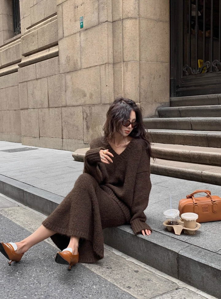 Zara | Women's Knitted Co-ord Set Mohair V-Neck Flare