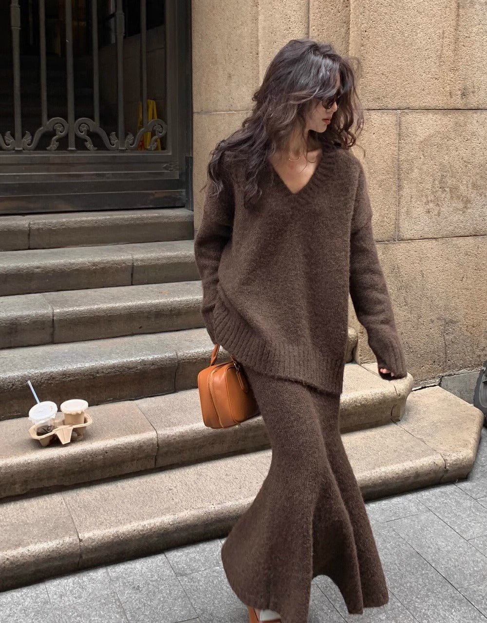 Zara | Women's Knitted Co-ord Set Mohair V-Neck Flare