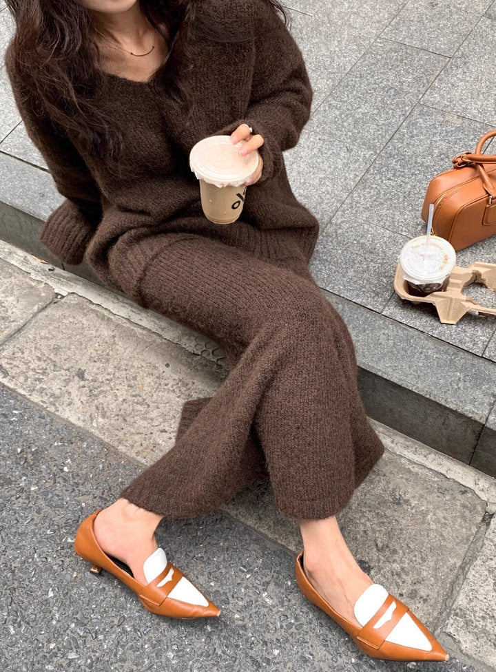 Zara | Women's Knitted Co-ord Set Mohair V-Neck Flare