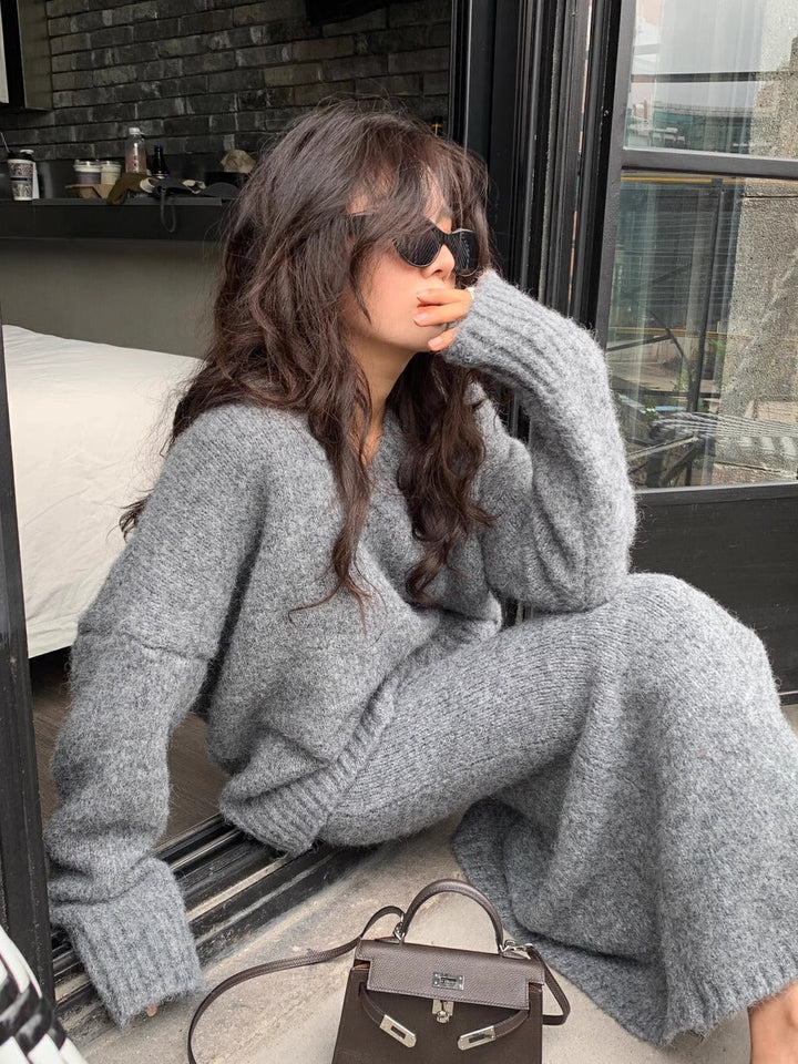 Zara | Women's Knitted Co-ord Set Mohair V-Neck Flare