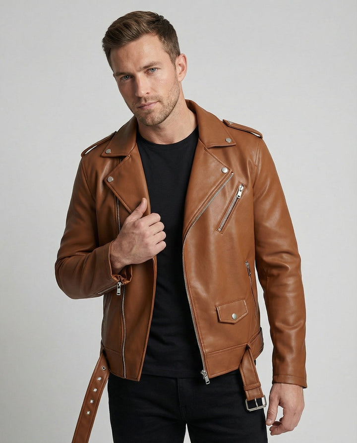 Connell | Belted Epaulette Classic Moto Men's Leather Jackets