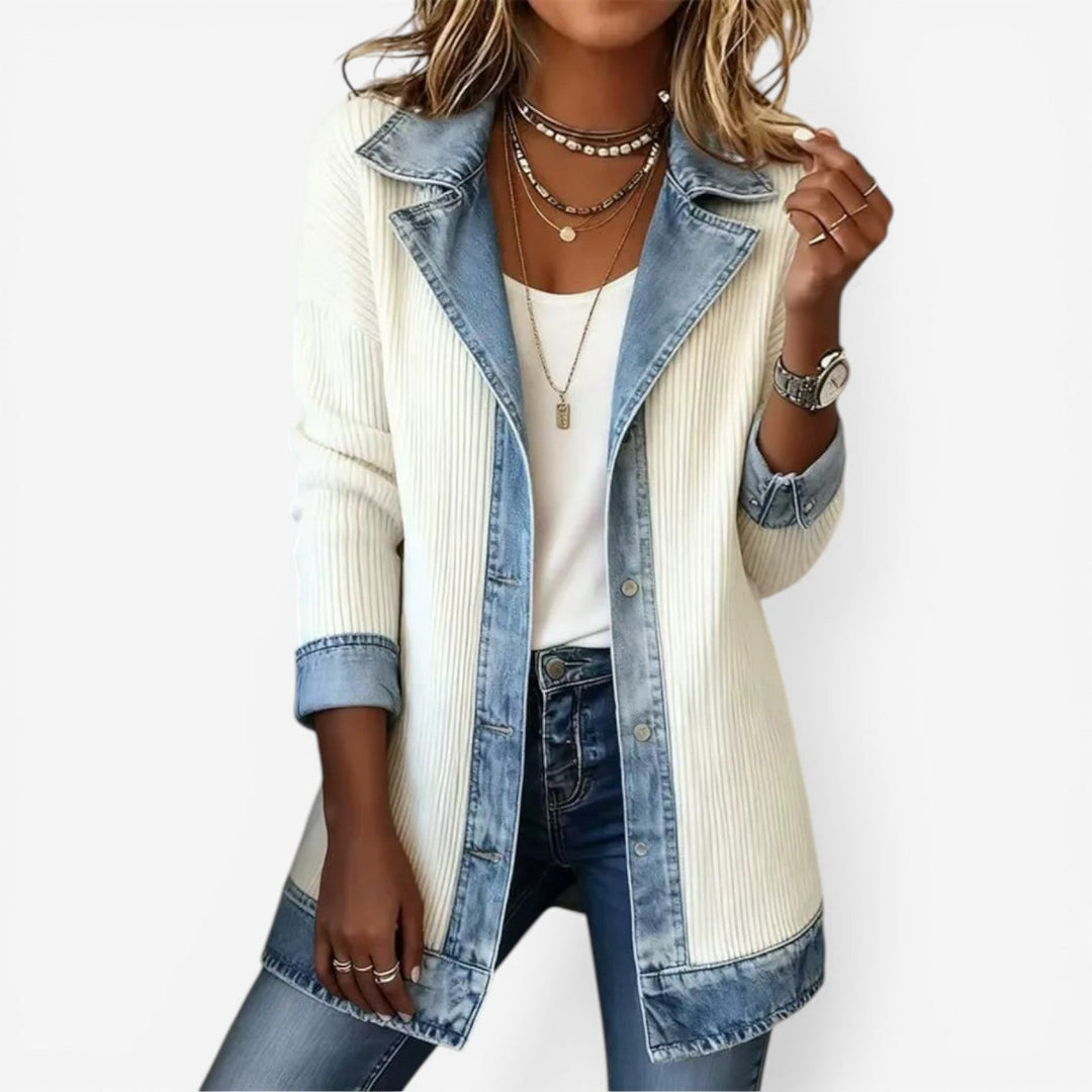Amara | Women's Contrast Denim Jacket with Ribbed Knit Panels