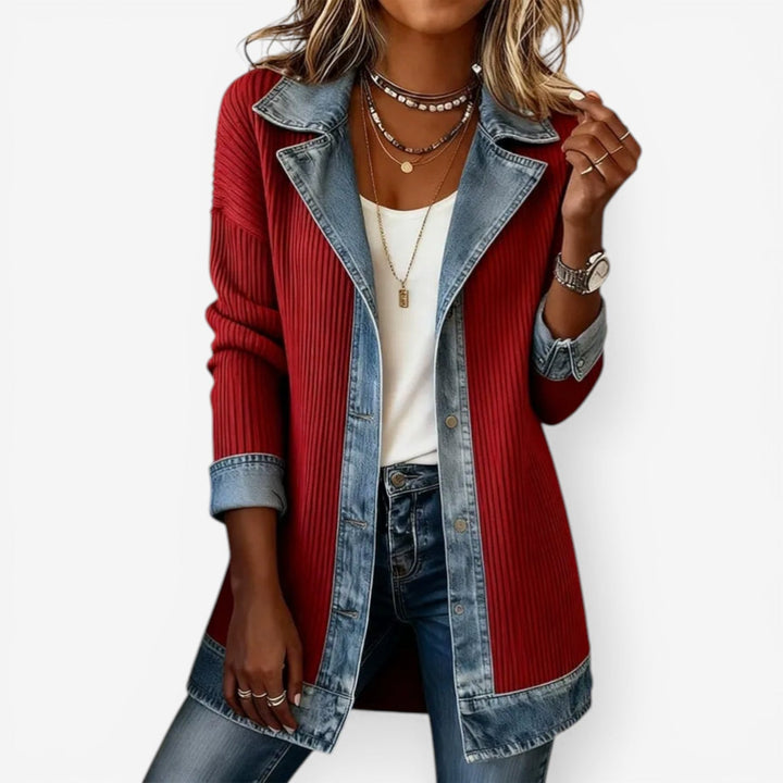 Amara | Women's Contrast Denim Jacket with Ribbed Knit Panels