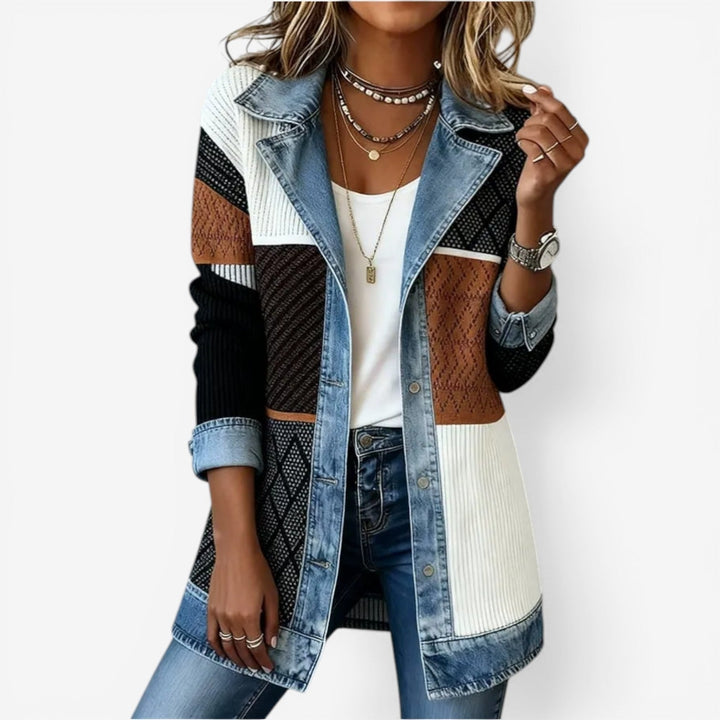 Amara | Women's Contrast Denim Jacket with Ribbed Knit Panels