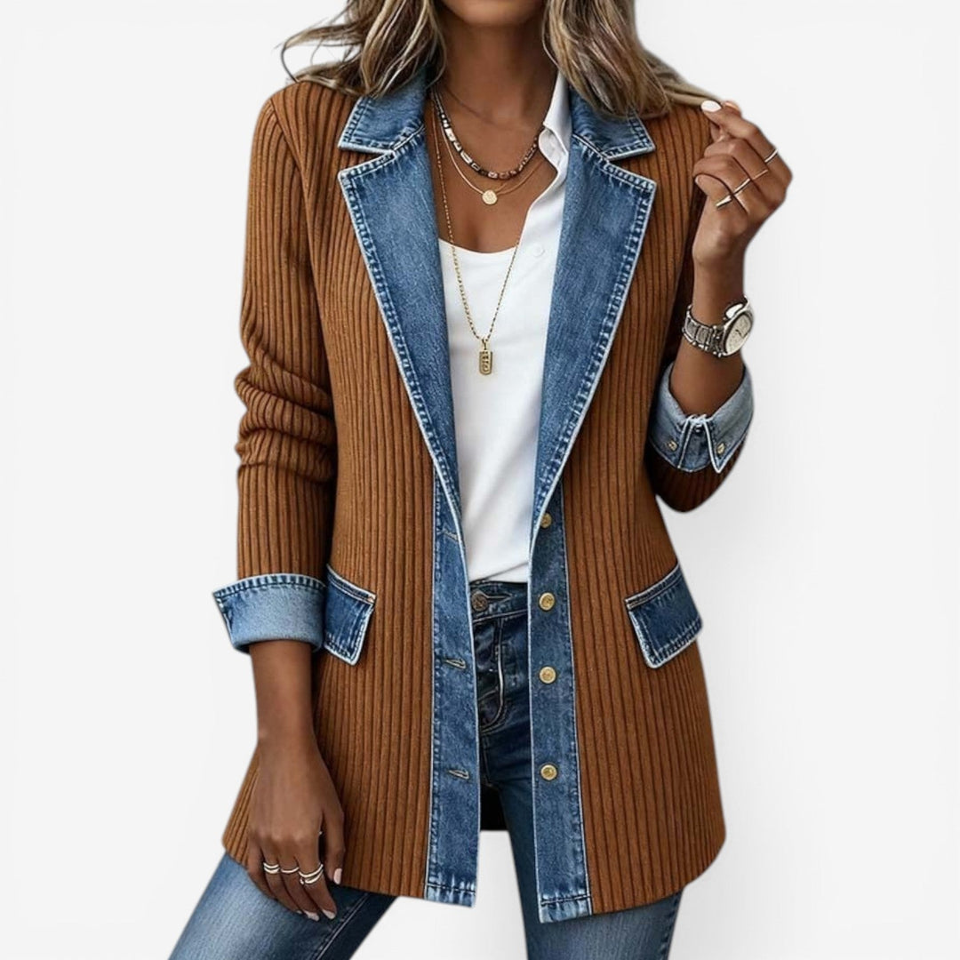 Amara | Women's Contrast Denim Jacket with Ribbed Knit Panels