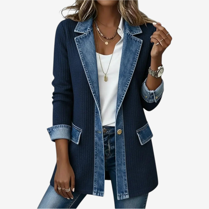 Amara | Women's Contrast Denim Jacket with Ribbed Knit Panels