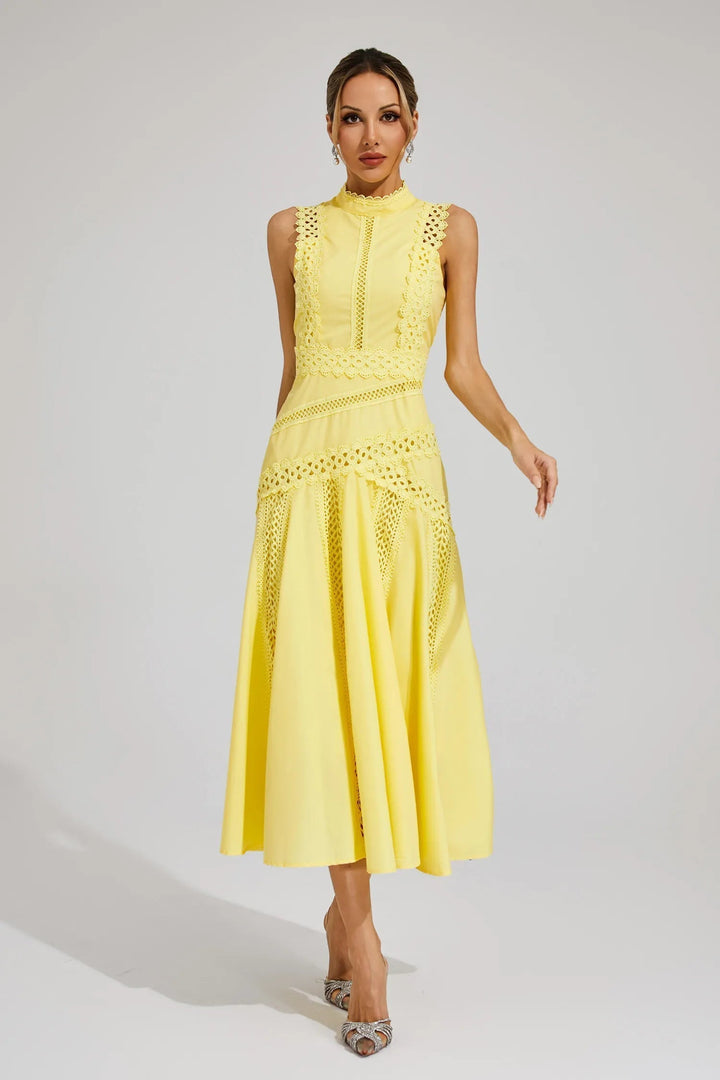 Genevra | Women's Sleeveless Midi Wedding Guest Dress – Lace Panel Detail