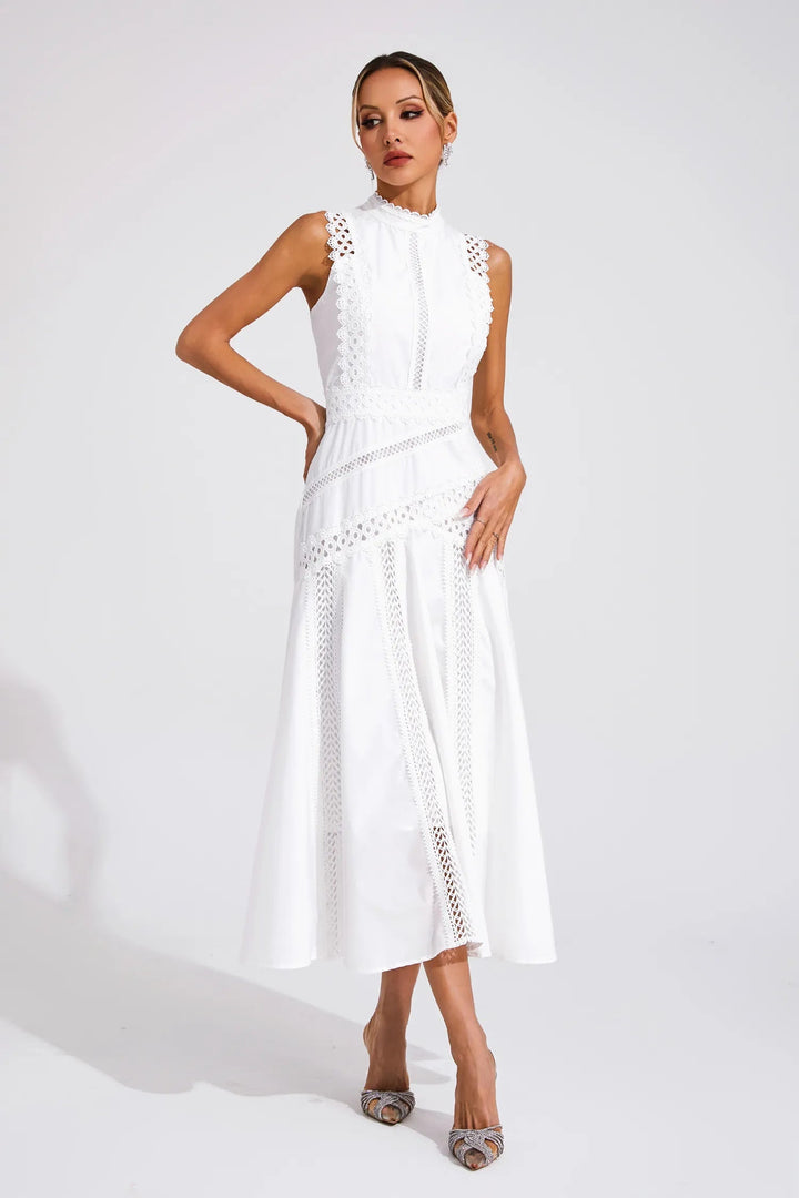 Genevra | Women's Sleeveless Midi Wedding Guest Dress – Lace Panel Detail