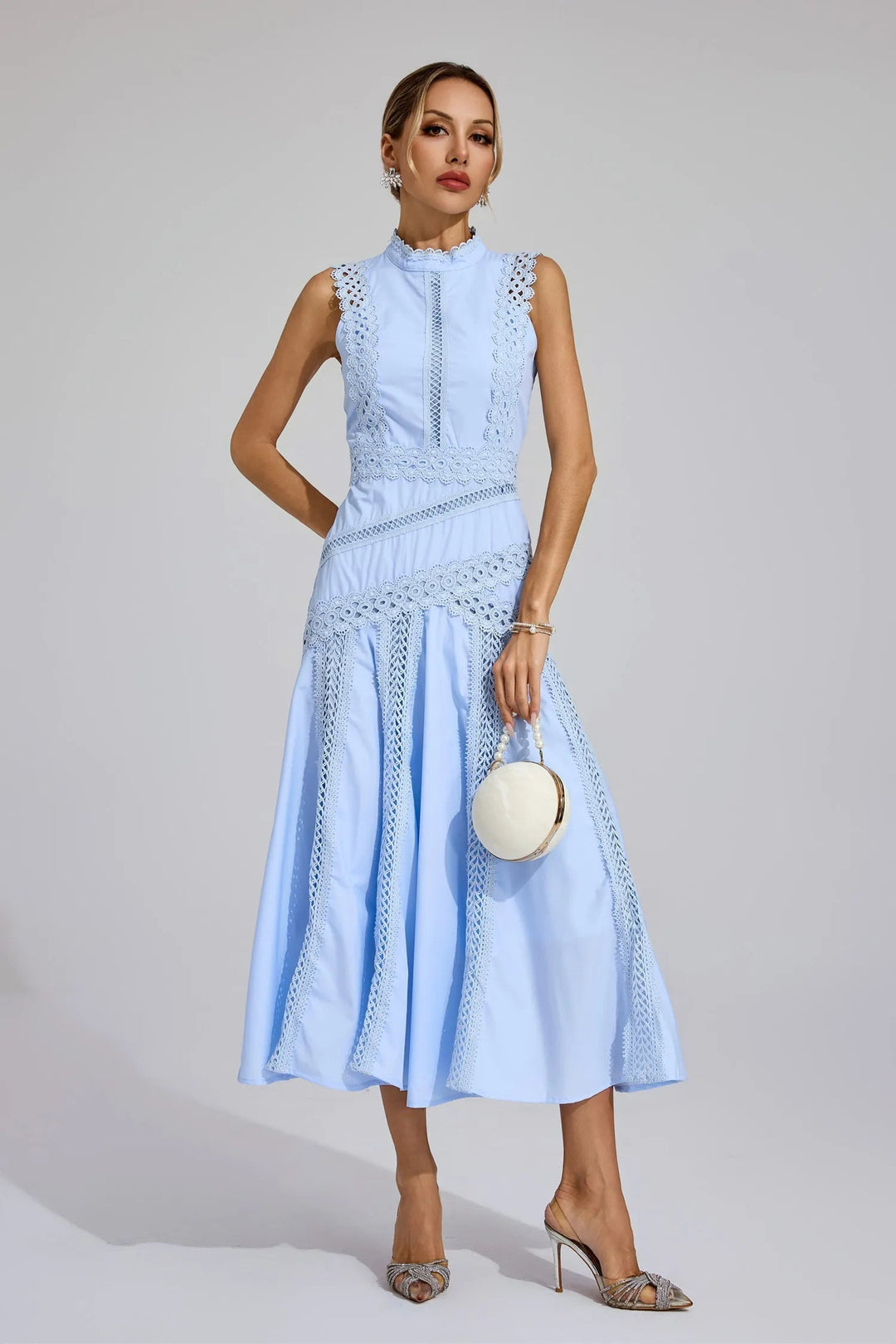 Genevra | Women's Sleeveless Midi Wedding Guest Dress – Lace Panel Detail