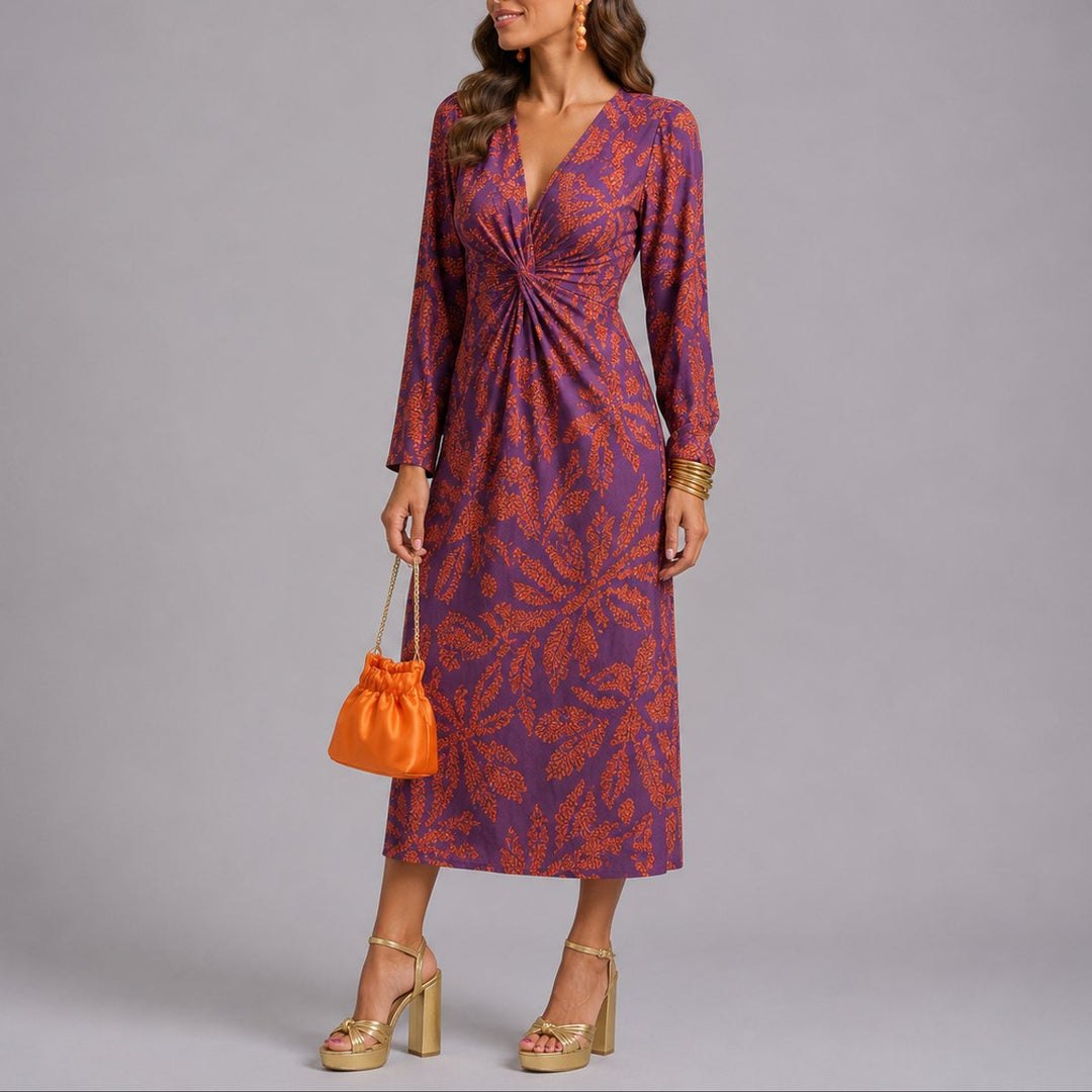 Anouk | Women's Floral Midi Wedding Guest Dress – Twist-Front V-Neck