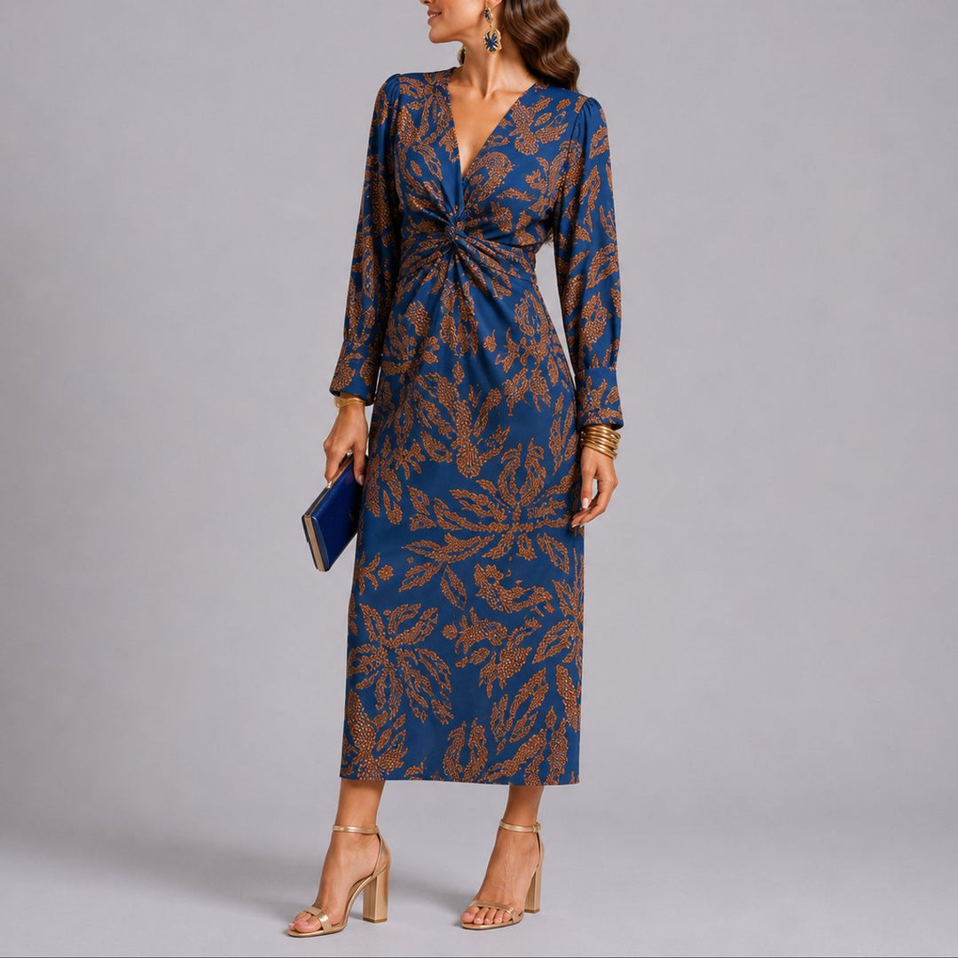 Anouk | Women's Floral Midi Wedding Guest Dress – Twist-Front V-Neck