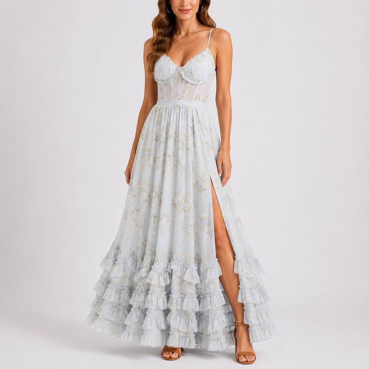 Celestine | Women's Floral Maxi Wedding Guest Dress – Corset Ruffle Hem